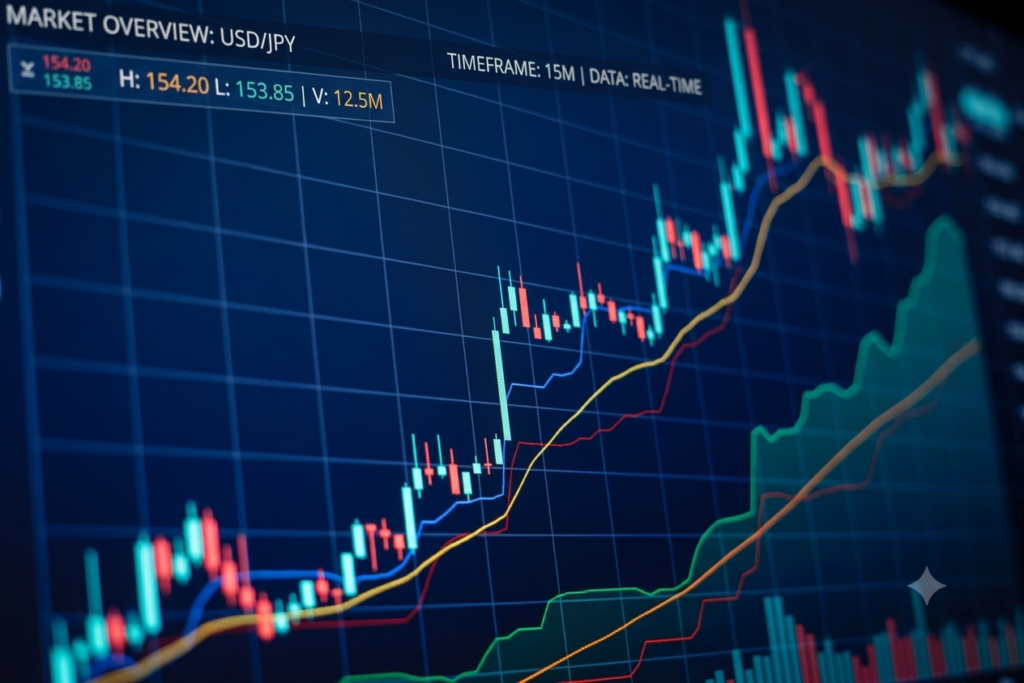 A modern desktop computer monitor sitting on a clean workspace desk, displaying a detailed financial market line and candlestick chart. The screen shows a rising market trend labeled "MARKET WATCH: EUR/USD" with technical indicators like RSI, surrounded by a bright, blurred office background with indoor green plants.