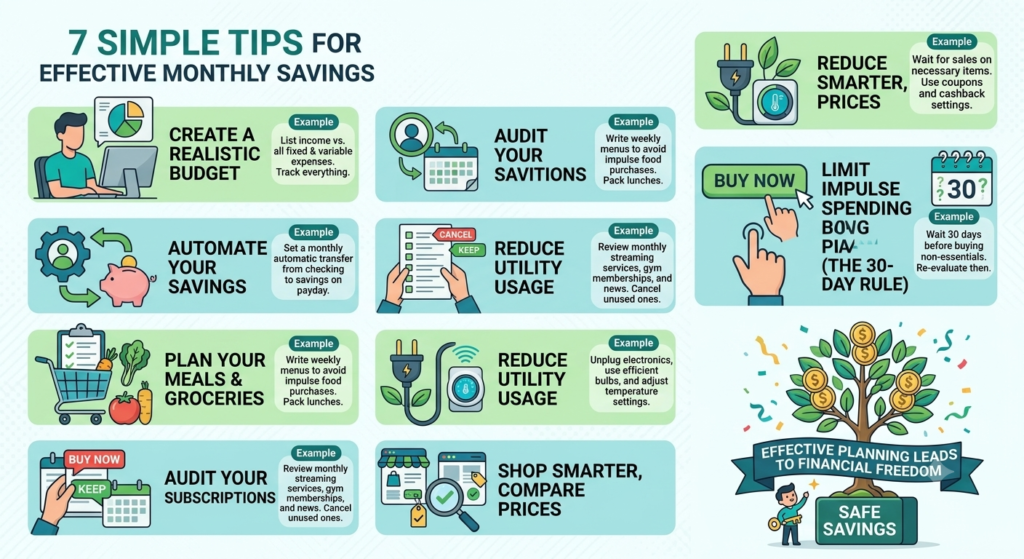 Monthly personal finance planning guide detailing 7 steps to save money effectively with real examples, featuring smart budgeting tactics, utility reduction, and a money tree illustration.