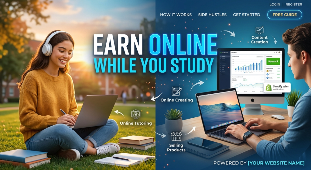 A professional web banner split into two distinct halves. On the left, a smiling female student wearing headphones sits on a sunny university campus lawn, working on her laptop with textbooks nearby. On the right, a close-up profile view of a male professional working at a modern dark wooden desk with a laptop, an external monitor displaying financial growth charts, and a notification badge for 'Shopify sales'. Bold, clean white and blue text across the center reads 'EARN ONLINE WHILE YOU STUDY.' Icons with arrows map out side hustles like 'Online Tutoring,' 'Content Creation,' and 'Selling Products.' The top right corner includes website navigation links like 'LOGIN' and 'FREE GUIDE,' and the bottom right reads 'POWERED BY [YOUR WEBSITE NAME].