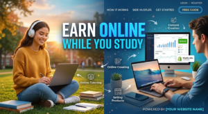 A professional web banner split into two distinct halves. On the left, a smiling female student wearing headphones sits on a sunny university campus lawn, working on her laptop with textbooks nearby. On the right, a close-up profile view of a male professional working at a modern dark wooden desk with a laptop, an external monitor displaying financial growth charts, and a notification badge for 'Shopify sales'. Bold, clean white and blue text across the center reads 'EARN ONLINE WHILE YOU STUDY.' Icons with arrows map out side hustles like 'Online Tutoring,' 'Content Creation,' and 'Selling Products.' The top right corner includes website navigation links like 'LOGIN' and 'FREE GUIDE,' and the bottom right reads 'POWERED BY [YOUR WEBSITE NAME].