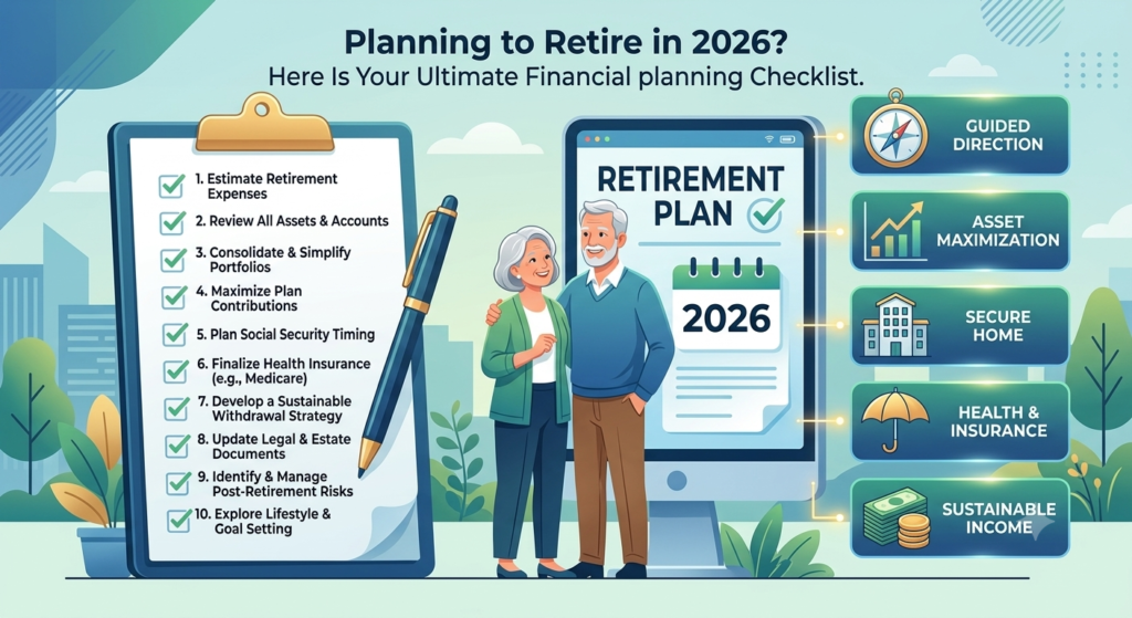 Ultimate financial planning checklist infographic for people planning to retire in 2026, showing asset maximization, health insurance steps, and sustainable income strategies.