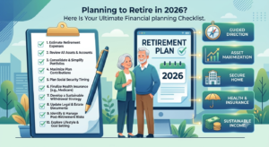 Ultimate financial planning checklist infographic for people planning to retire in 2026, showing asset maximization, health insurance steps, and sustainable income strategies.
