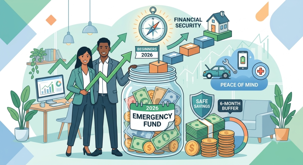 An infographic for building an emergency fund in 2026, featuring safe savings strategies, a 6-month budget buffer, and financial planning tips for beginners.