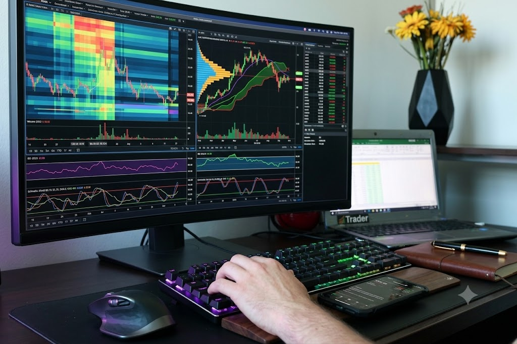 A large, wide desktop computer monitor dominates the left side of the frame, displaying complex financial trading charts, multiple candlestick graphs, technical indicators, and a colorful heatmap. In the foreground, a person's hand rests on a mechanical keyboard with RGB backlighting, alongside an ergonomic wireless mouse. To the right, a laptop sits on the dark wooden desk displaying a spreadsheet, next to a closed leather notebook with a sleek pen resting on top. A smartphone sits face-up near the keyboard, showing a mobile investment app layout. In the background, a minimalist black vase containing yellow flowers adds a subtle decorative touch to the organized, tech-heavy workspace